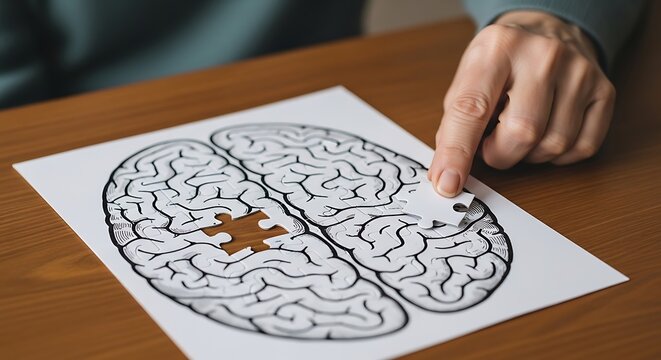 Hand placing a puzzle piece onto a brain diagram