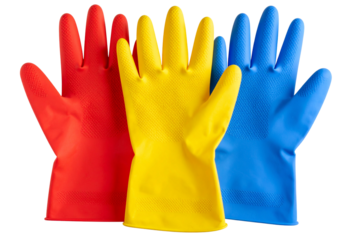 Set of Three Brightly Colored Silicone Kitchen Gloves, isolated on a transparent background