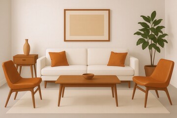Modern Living Room with White Sofa, Orange Accent Chairs, Coffee Table, and Potted Plant
