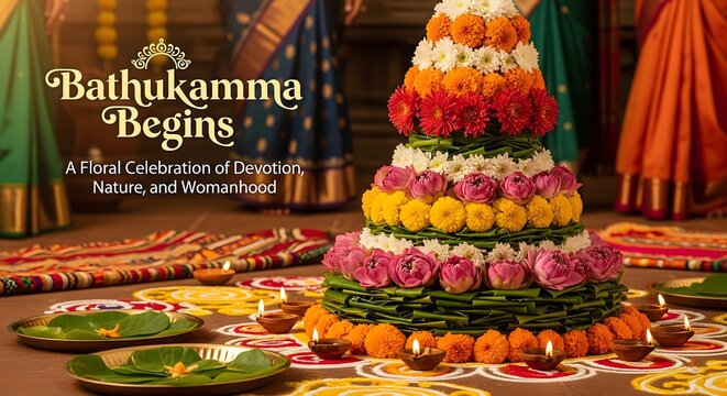 Vibrant bathukamma festival celebrated with colorful floral arrangements and traditional attire