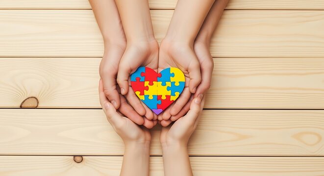 Hands holding an autism awareness puzzle heart on wood