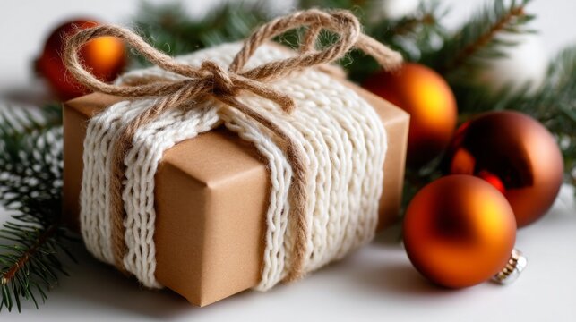 A brown box with a white ribbon tied around it is sitting on a table with a bunc