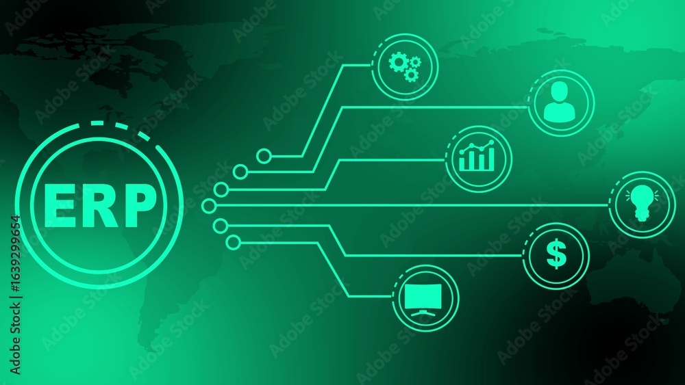 Poster green e r p concept illustration with circuit board design and business icons on a gradient backgrou