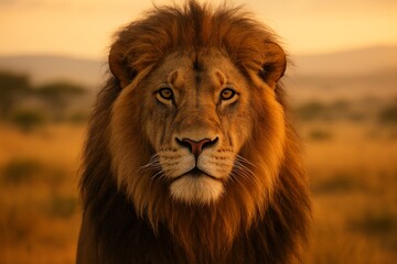 Fototapeta premium Majestic lion portrait with golden sunset light.