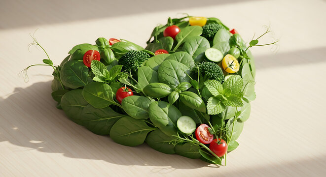 Fresh heartshaped arrangement of vibrant green spinach basil broccoli red tomatoes cucumber and yellow bell pepper. - Powered by Adobe