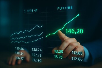 Closeup of a hand touching a digital screen displaying stock market data, showcasing financial analysis, investment trends, and economic indicators in a modern context