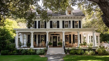 Obraz premium Elegant Victorian Mansion With A Picturesque Wraparound Porch Surrounded By Lush Green Trees