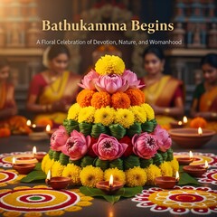 Vibrant floral arrangement celebrates the start of bathukamma festival with women in traditional attire and diyas