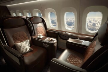 Luxurious first class business seats designed for comfort and relaxation during long flights overlooking stunning cloud views at cruising altitude