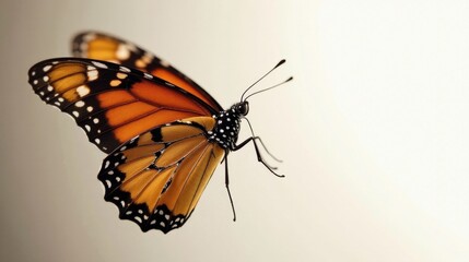Obraz premium Close-up of a vibrant orange butterfly in flight, delicate wings displaying intricate patterns, against a soft, neutral background