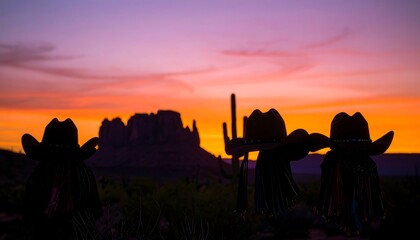 Silhouettes of cowboy hats at sunset