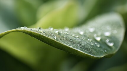Close-up shots of water droplets on the edge of green leaves, with a blurred background that emphasizes the details and textures of the leaves, evoking the beauty and tranquility of nature.