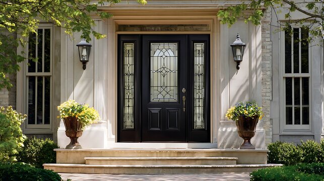 Elegant Black Entryway Door with Sidelights and Transom