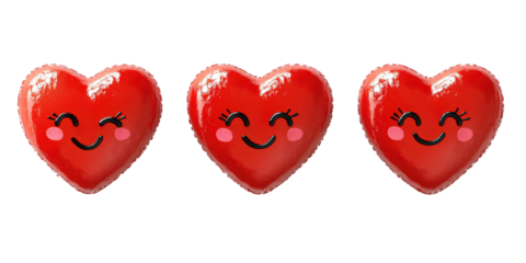 Three happy red heart faces are a sweet, cute, and romantic display of love.