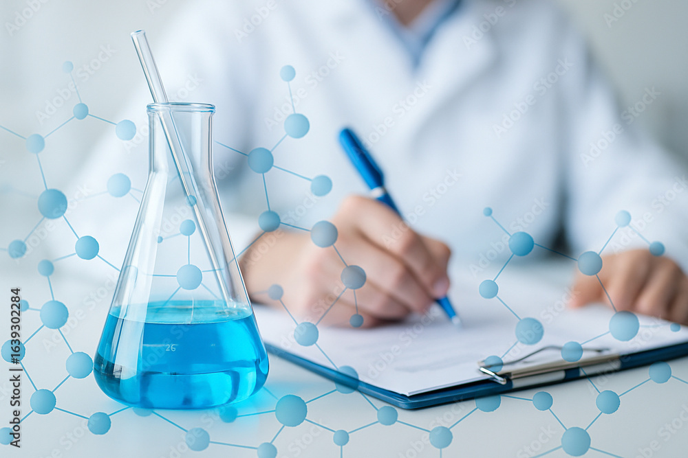 Poster ai generated close up of blue liquid in glass flask with molecular graphic overlay and blurred scien