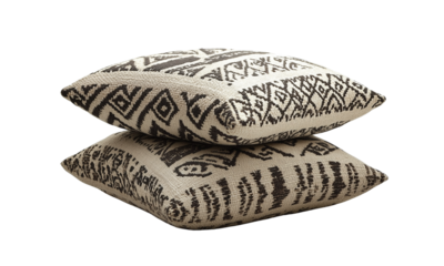 Two decorative pillows with intricate black and white patterns stacked on top of each other. isolated on white background and transparent background