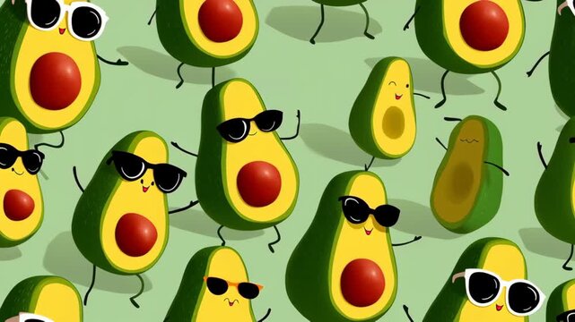 Colorful cartoon avocados wearing sunglasses, dancing joyfully on a light green background, showcasing a fun and playful atmosphere, perfect for food-related designs and cheerful illustrations