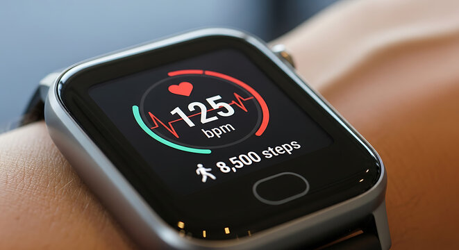 Sleek smartwatch on wrist showing 125 bpm heart rate and 8500 steps on its vibrant display. - Powered by Adobe