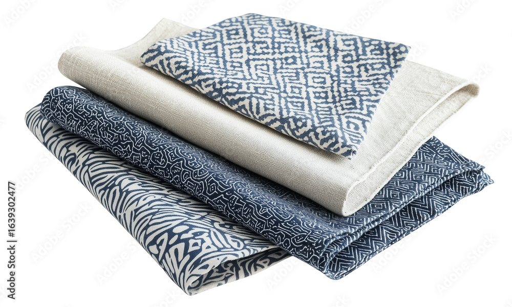 Poster stacked patterned fabrics showcase intricate designs and textures, displaying a variety of colors an
