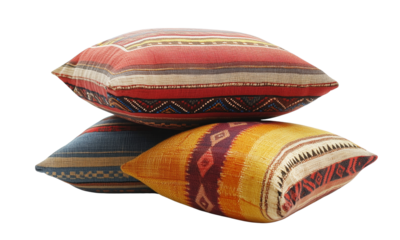 Stacked decorative pillows featuring intricate patterns and vibrant colors for home decor. isolated on white background and transparent background