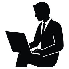 Entrepreneur working on laptop with icons of productivity and strategy