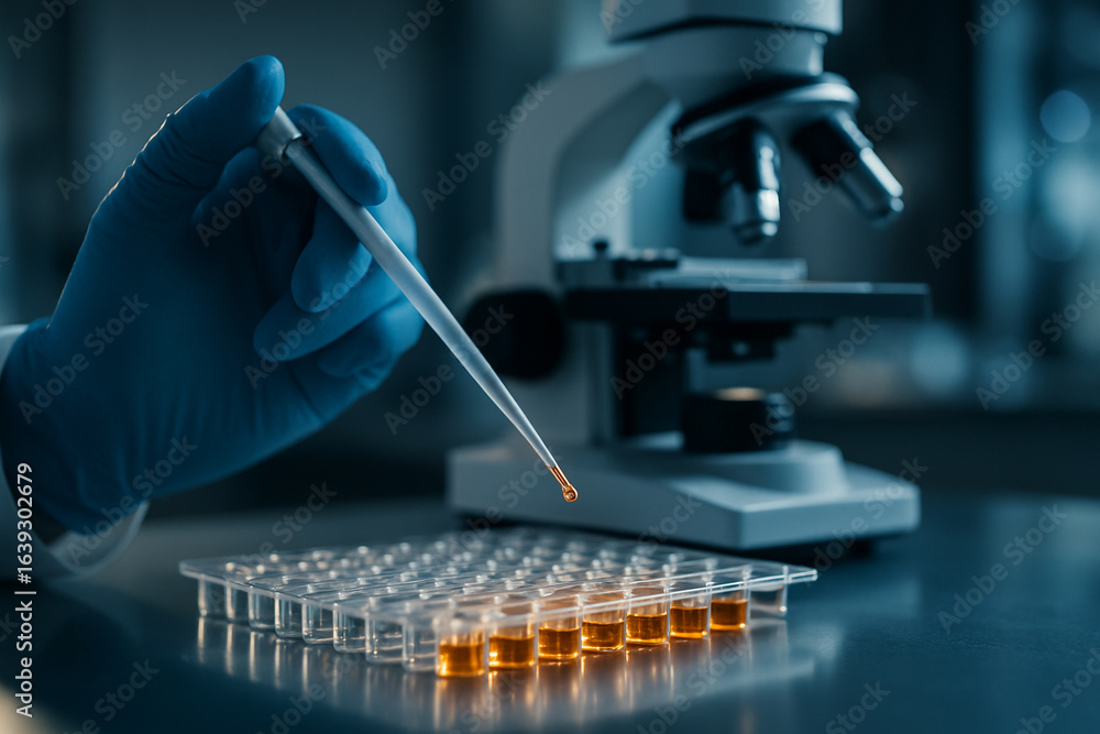 Aufkleber ai generated closeup of scientist using pipette to transfer sample into microplate in a sterile labo