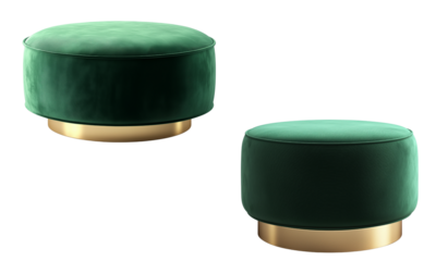 Two stylish green ottomans with gold bases, featuring a rounded shape and textured surface, suitable for modern interiors. isolated on white background and transparent background