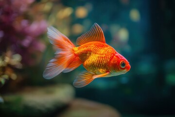 Butterfly telescope goldfish elegantly gliding through clear water in a vibrant aquarium setting during daylight hours