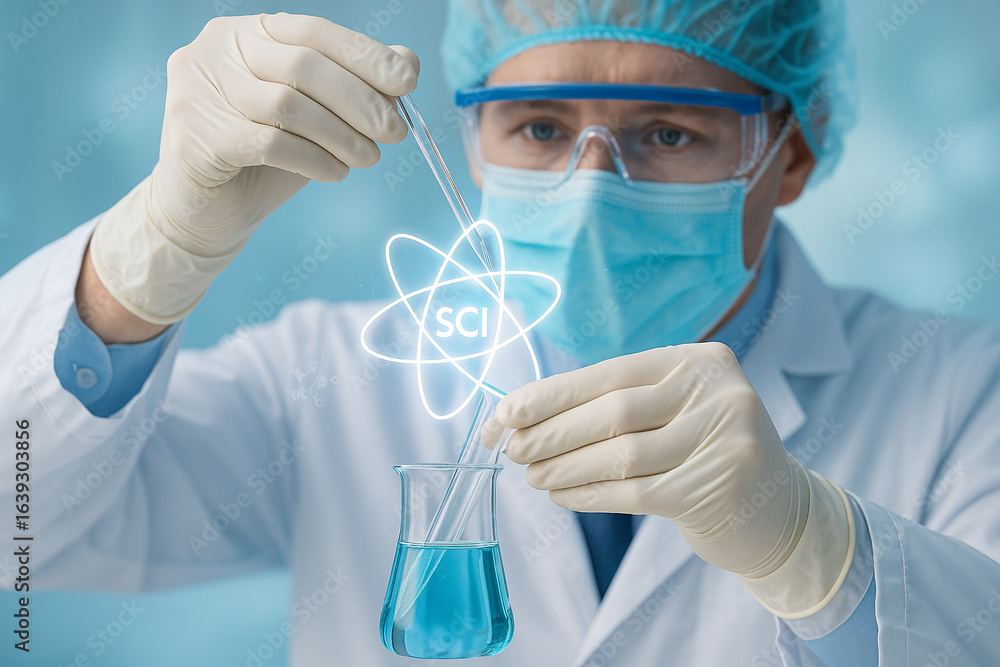 Poster ai generated a scientist in full protective gear dropping liquid into a beaker with glowing atom gra