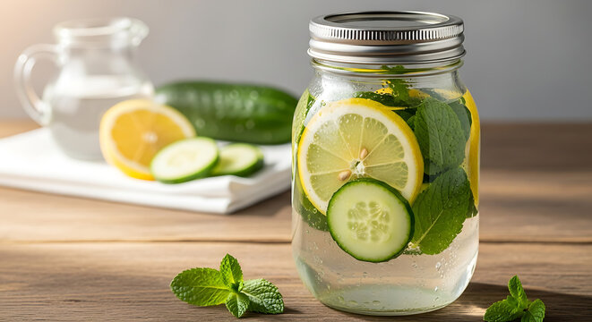 Sparkling clear glass mason jar with refreshing lemon cucumber and mint infused water. - Powered by Adobe