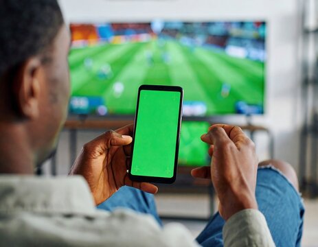 Man watches soccer game on TV, holds phone with green screen