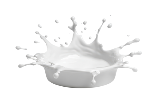 Splash of milk creates an artistic pattern on a white background with droplets flying in different directions during a moment of impact