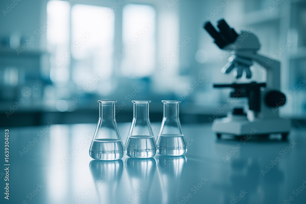 Poster ai generated image of a clean modern lab with glass flasks arranged on a reflective surface evoking 