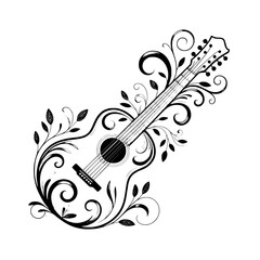 Ornate Black and White Guitar with Floral Scrollwork.