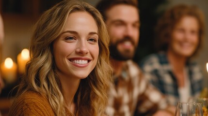 Fototapeta premium Cheerful woman with wavy blonde hair smiles warmly while sitting at dinner table with family or friends in cozy, candlelit setting. atmosphere is inviting and joyful