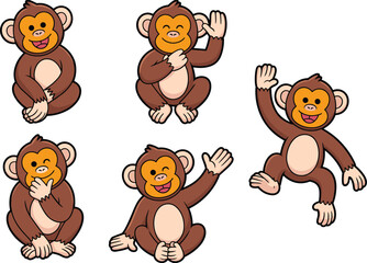 Cute cartoon monkey vector set, sitting and waving monkeys, playful animal characters, jungle theme illustration, kids clipart design, fun pose collection