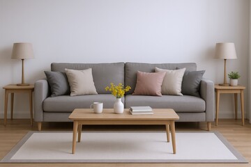 Modern Living Room Interior with Gray Sofa, Wooden Coffee Table, and Minimalist Decor Accents