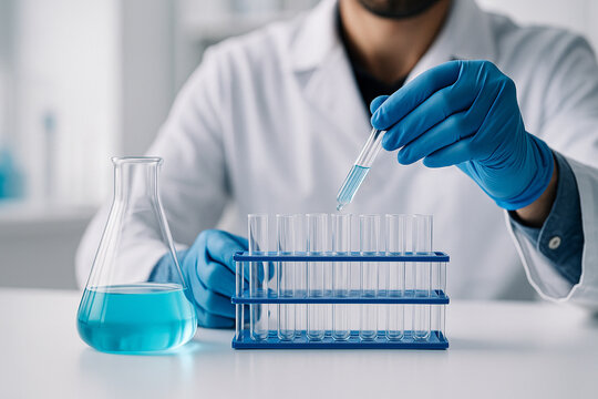AI generated a scientist in lab coat using blue gloves to handle test tube with blue liquid in a clean modern laboratory showing precision control sterile tools and organized environment