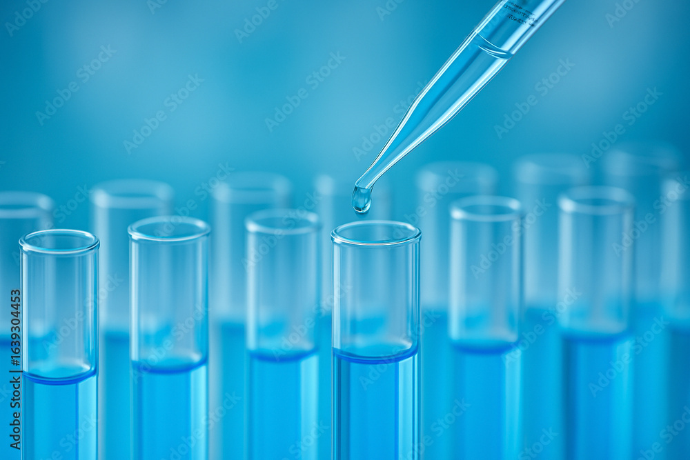 Aufkleber ai generated a close up of a liquid drop from a micropipette into glass test tubes with blue solutio
