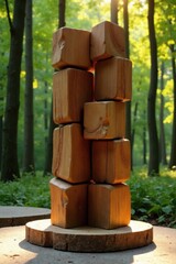 Naklejka premium Rustic Wooden Blocks Art Installation in a Sunlit Forest Setting