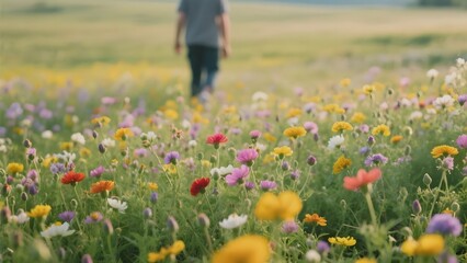 Person walking through a vibrant field of wildflowers under a clear sky