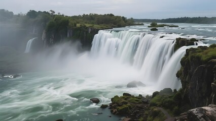 Fototapeta premium Powerful Waterfall Cascading Over Rocky Cliffs with Lush Greenery Surrounding