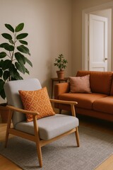 Cozy Living Room Scene Featuring a Modern Armchair with Geometric Pillow and a Warm-Toned Sofa