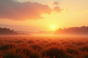 Obraz premium Golden Sunrise Over a Misty Meadow with Silhouetted Trees in the Distance