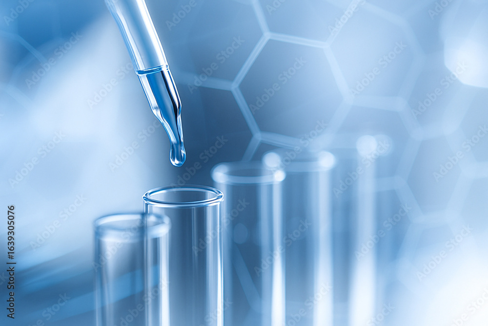 Aufkleber ai generated close up of blue liquid droplet from pipette falling into clear test tubes with hexagon