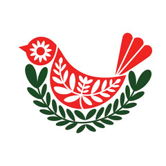 Stylized Red Folk Art Bird in a Green Wreath.