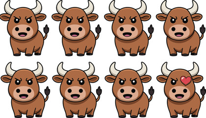 Angry cartoon bull character set, cute ox expression, brown animal mascot, farm vector illustration, funny emotion poses, sticker design