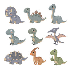 Collection of cute baby dinosaur characters. Adorable cartoon prehistoric animals like T-Rex and Triceratops isolated for kids design.