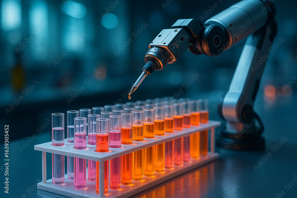 Aufkleber ai generated close up of robotic arm using pipette to drop colorful liquid into test tubes in a mode