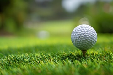 Obraz premium Close up view of a golf ball perfectly placed on a tee in lush green grass with a blurred golf course background on a sunny day